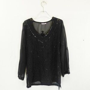 SEVYA Top Women Black Blouse MEDIUM Floral Embroidered Sequin Sheer Long‎ Sleeve